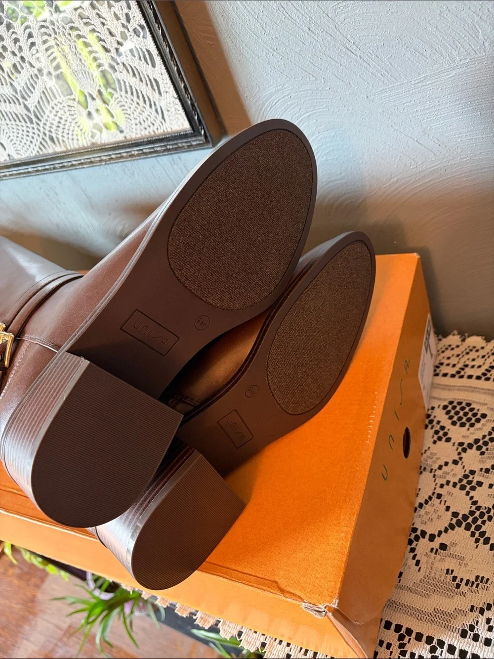 Unisa Brown Knee-High Leather Riding Boots with Buckle Straps